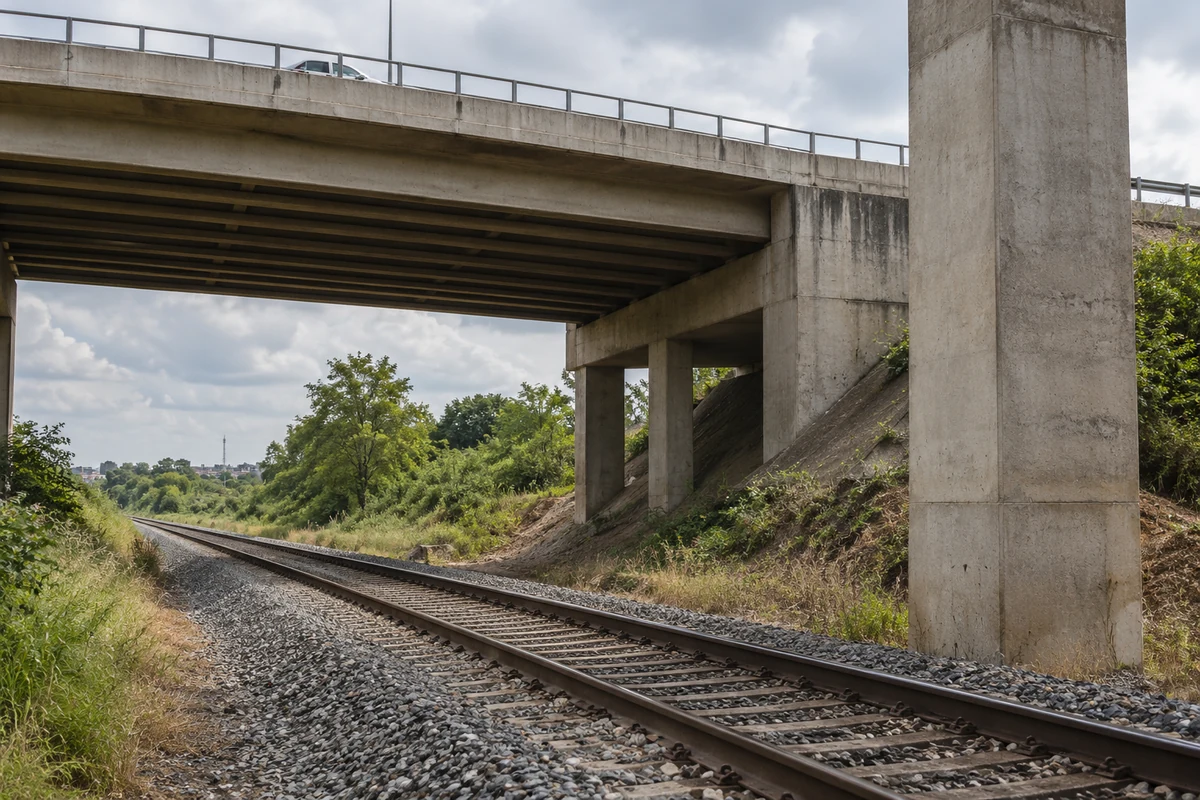 Trilhos sob um viaduto rodoviário de concreto, em paisagem vegetada, em composição ilustrativa.